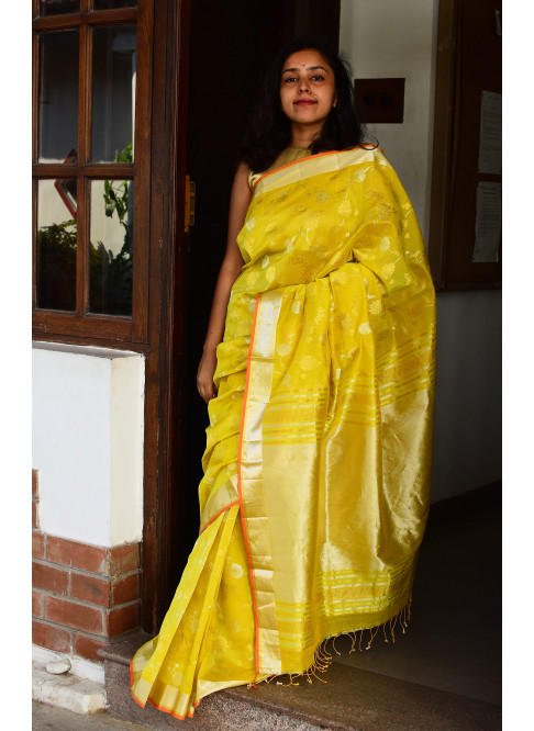 Lime Yellow,Handwoven Organic Cotton, Textured Weave , Jacquard Handpicked, Festive Wear, Jari Saree